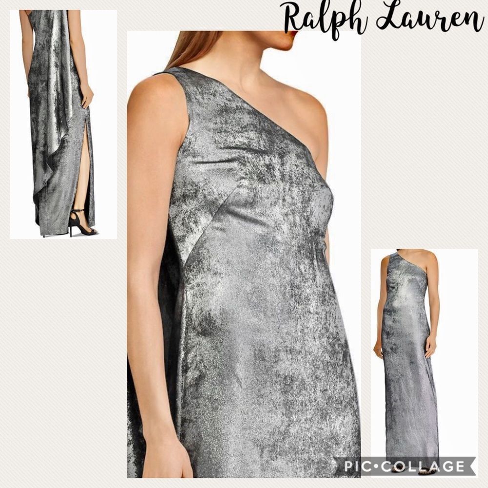 NEW Ralph Lauren metallic silver one shoulder maxi gown gown formal dress 8